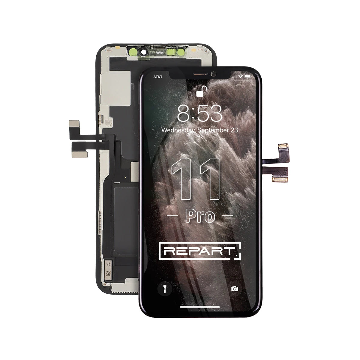 Telefoonscherm met 'REPART'-logo op een witte achtergrond