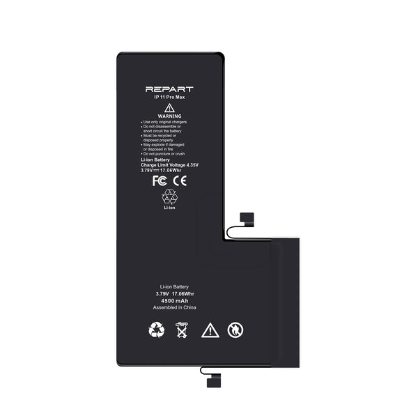iphone 11 pro max battery with 'REPART' branding and specifications on a white background