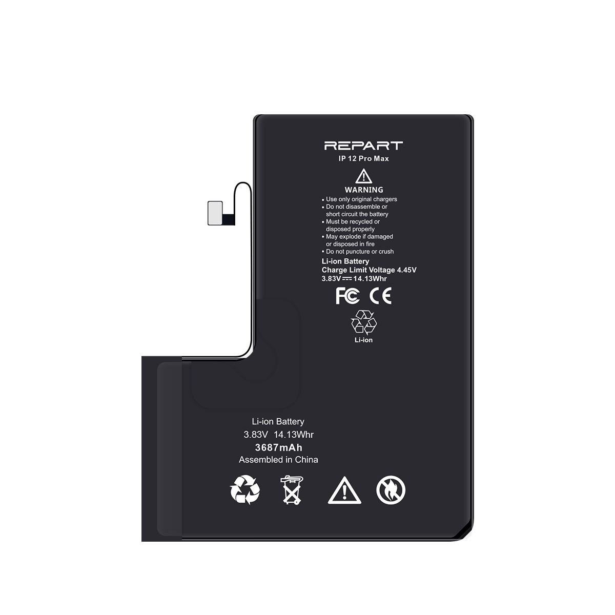 Batterie d'iPhone 12 Pro Max avec la marque « REPART » sur fond blanc