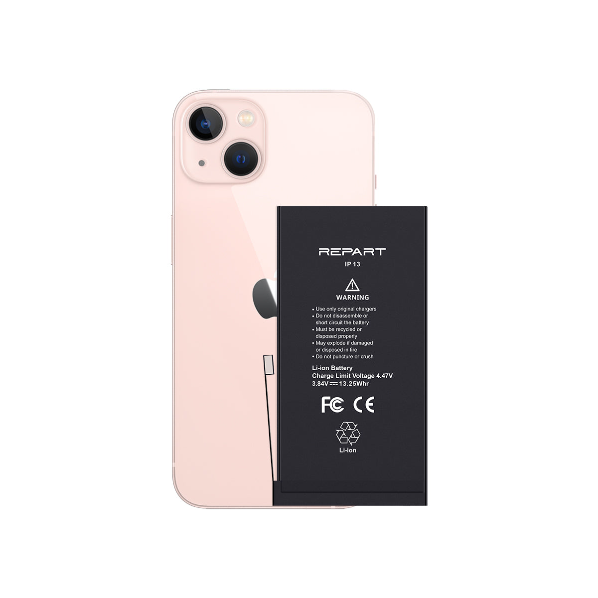 Замена аккумулятора iPhone 13 компанией REPART: показан аккумулятор и его характеристики.