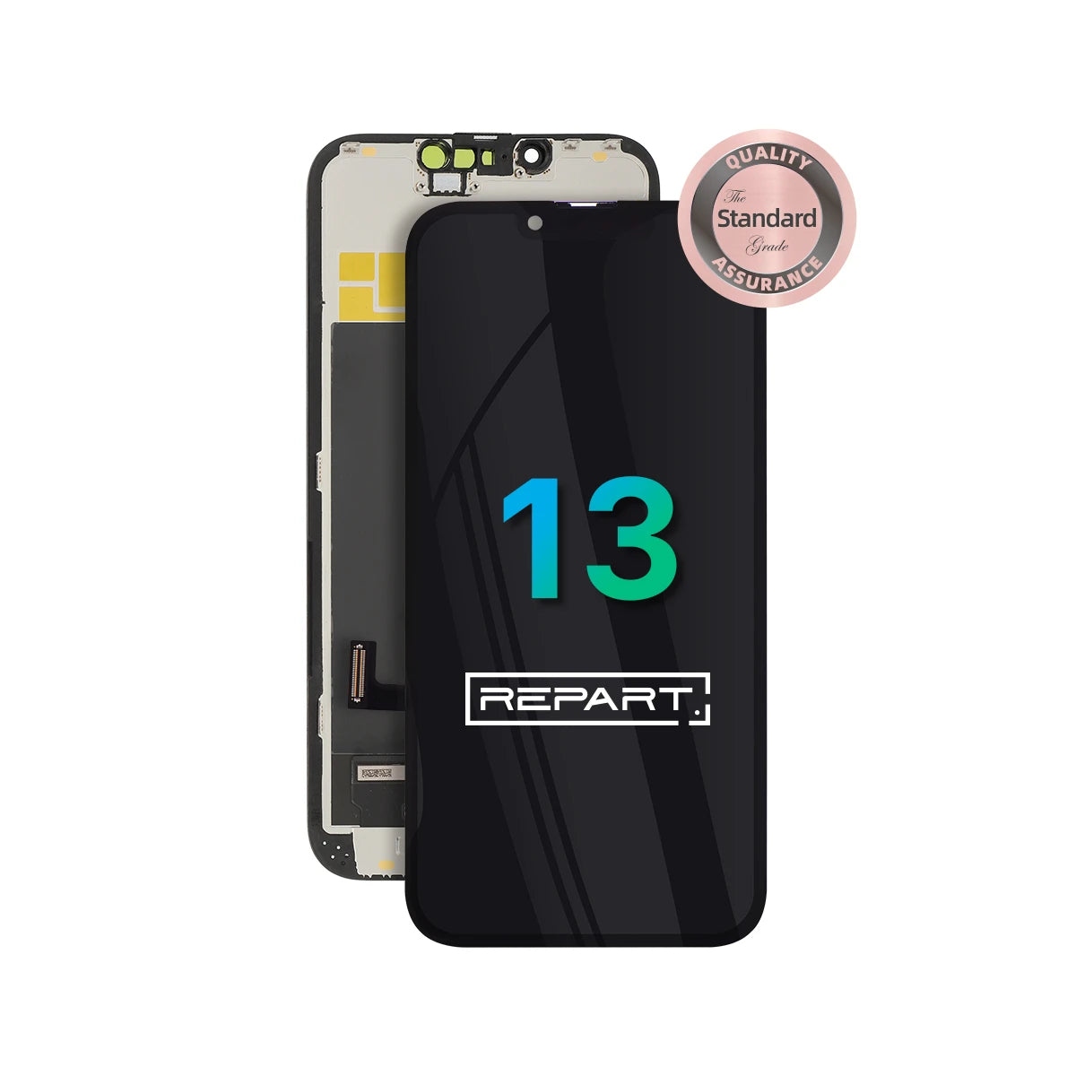 Telefoonschermassemblage met 'REPART'-merk en 'Quality Standard Assurance'-badge op een witte achtergrond.