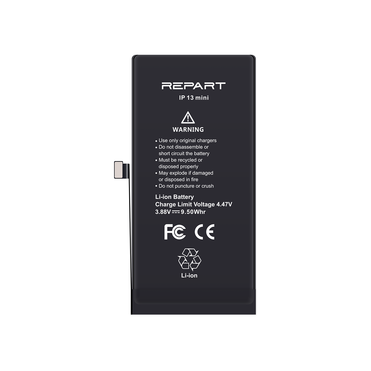 Аккумулятор для iPhone 13 mini с маркировкой "REPART" и техническими характеристиками.