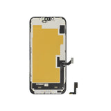 Sostituzione dello schermo di un iPhone 13 Plus con cavi flessibili su sfondo bianco