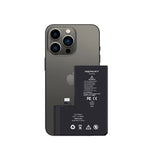 iphone 13 pro with a replacement battery with "REPART" branding and specifications on a white background