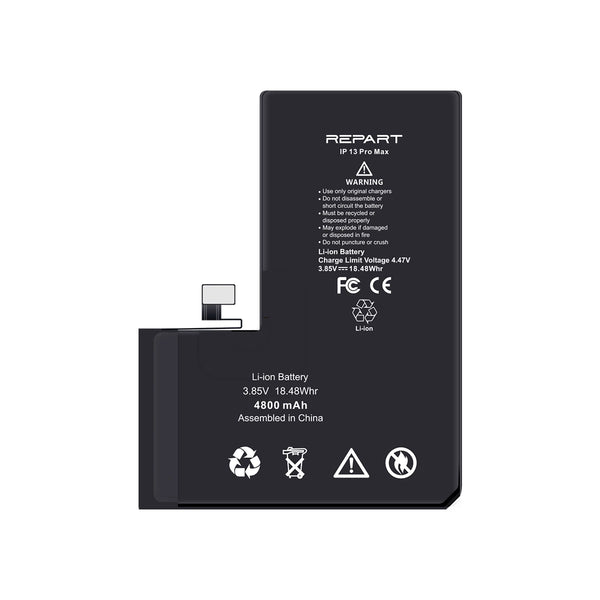 iphone 13 pro max battery with 'REPART' branding and specifications on a white background