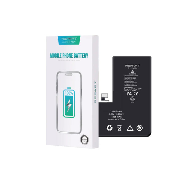 Repart mobile phone battery with packaging on a white background