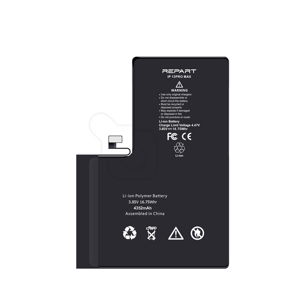 Black battery with 'REPART' branding and warning labels on a white background