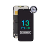 Sostituzione dello schermo di un iPhone 13 Pro Max con il marchio "REPART" e il badge di qualità "Ultra Assurance" su sfondo bianco.