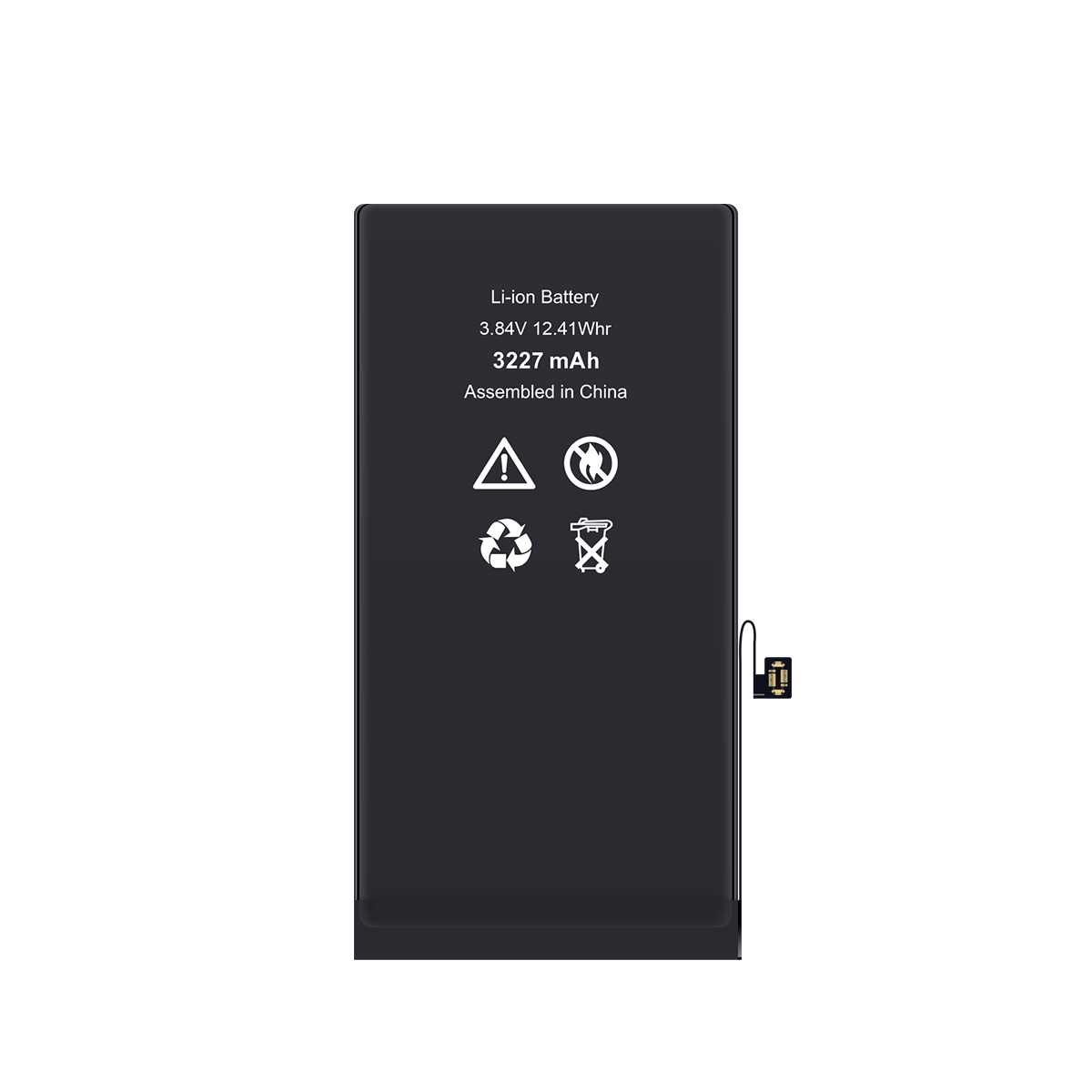 iphone 13 battery pack with warning symbols and specifications on a white background