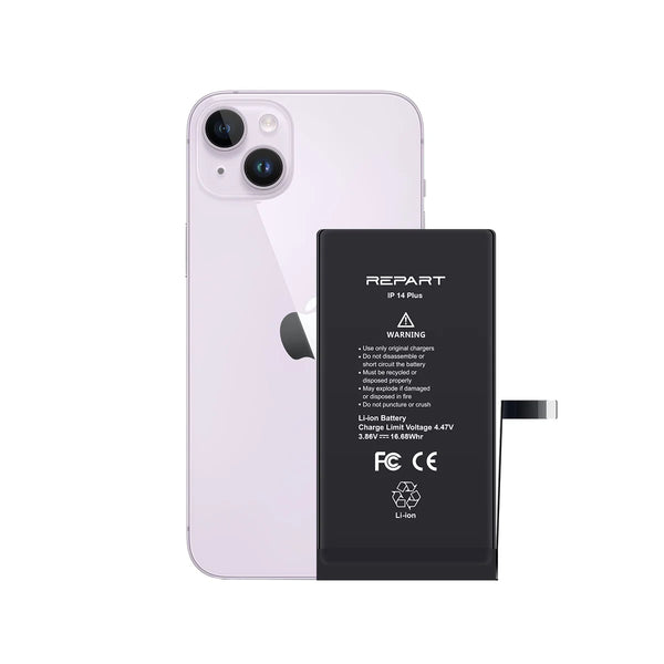iPhone 14 Plus with a detached battery labeled 'REPART' on a white background