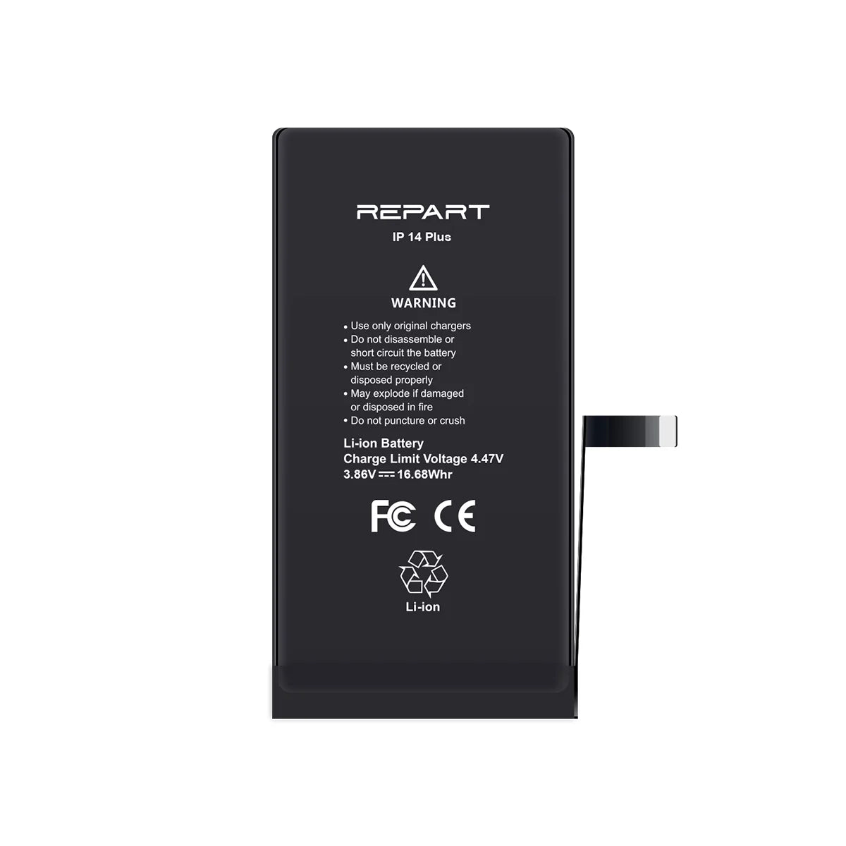 Black battery pack with branding and specifications on a white background