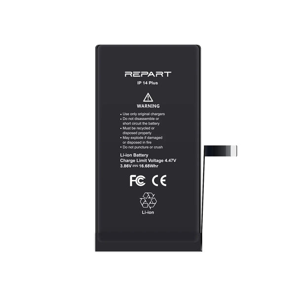 Black battery pack with branding and specifications on a white background
