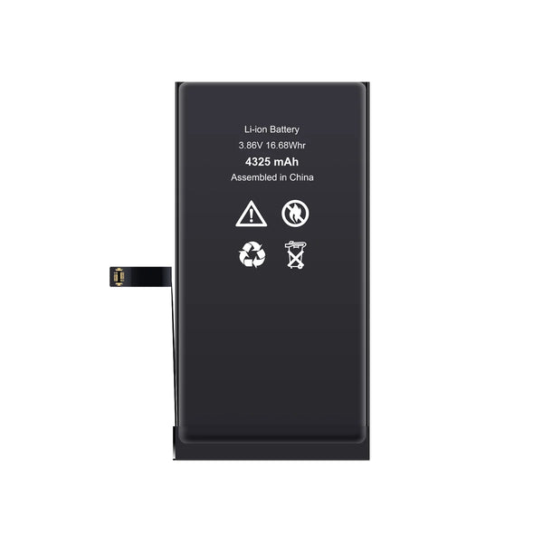 Black lithium-ion battery with warning symbols on a white background