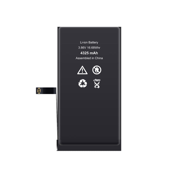 Black lithium-ion battery with warning symbols on a white background