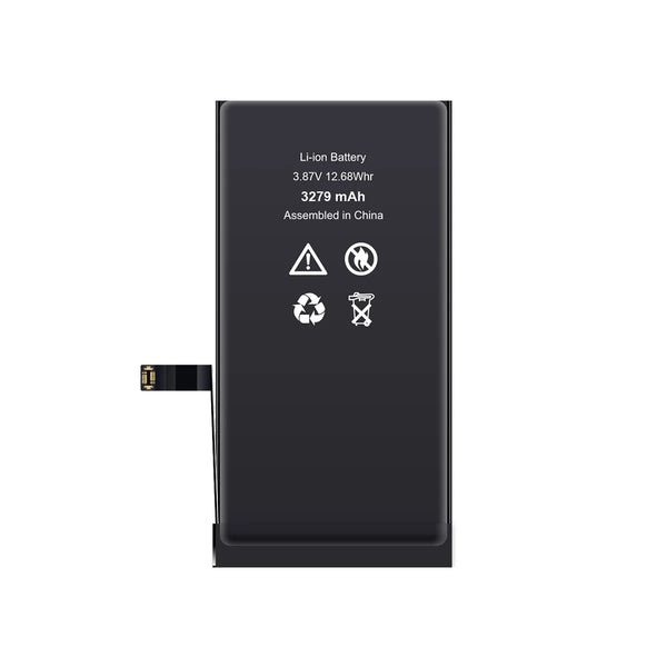 Black lithium-ion battery with specifications on a white background