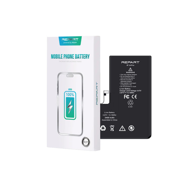 Repart mobile phone battery with packaging on a white background
