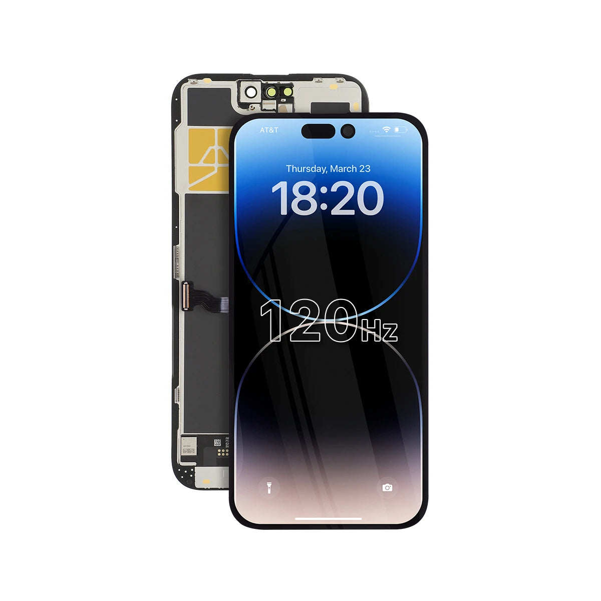 Smartphone met scherm en achterkant op een witte achtergrond.