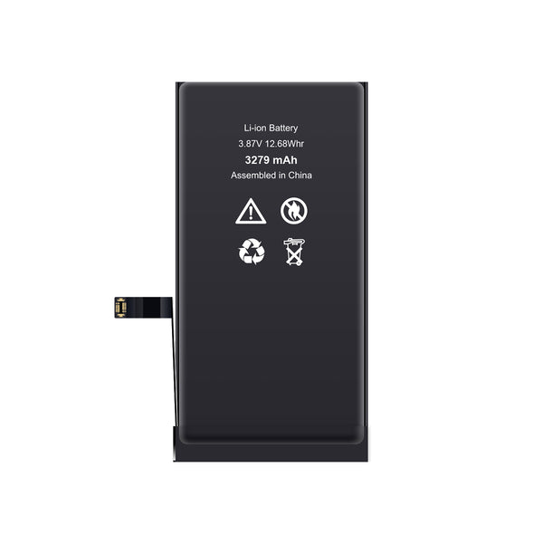 Black lithium-ion battery with specifications on a white background