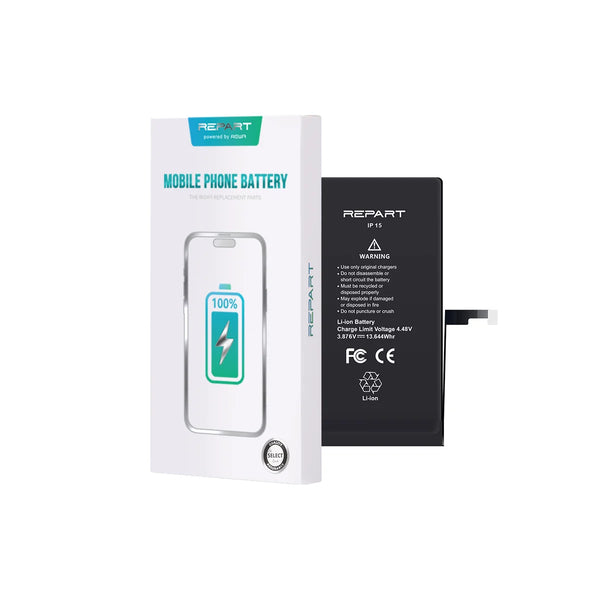 Repart mobile phone battery with packaging on a white background