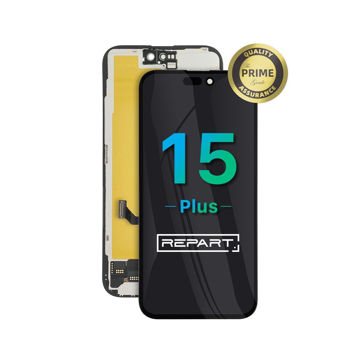 Telefoonschermassemblage met 'REPART'-merk en 'Prime Quality Assurance'-badge op een witte achtergrond.