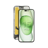 Smartphone with a green screen displaying '15 Plus' on a white background