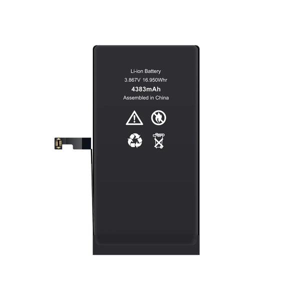 Black lithium-ion battery with safety symbols on a white background