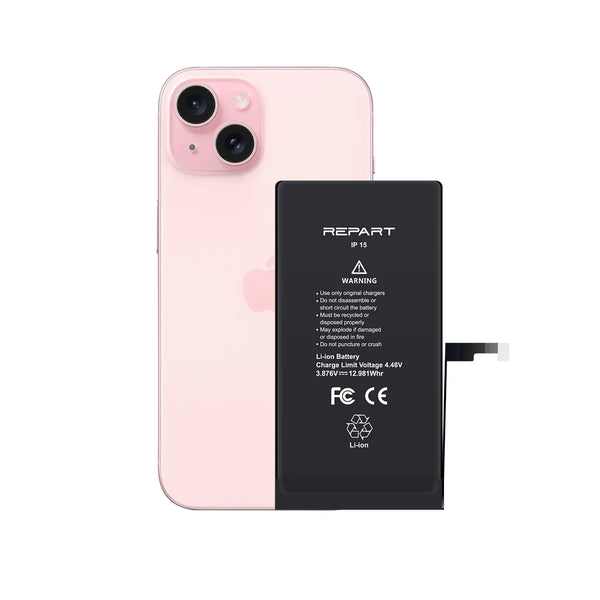 Pink iPhone 15 with a black battery replacement on a white background
