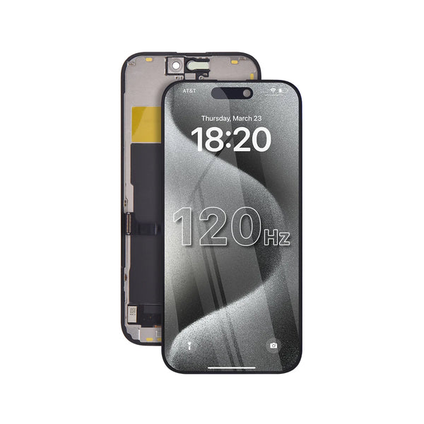 iPhone 15 Pro incell screen replacement with 120Hz refresh rate on a white background