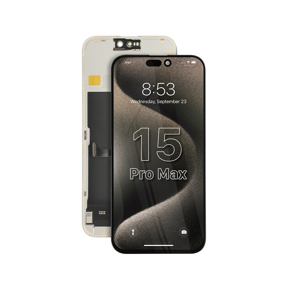 Smartphone met scherm en voorpaneel op een witte achtergrond.
