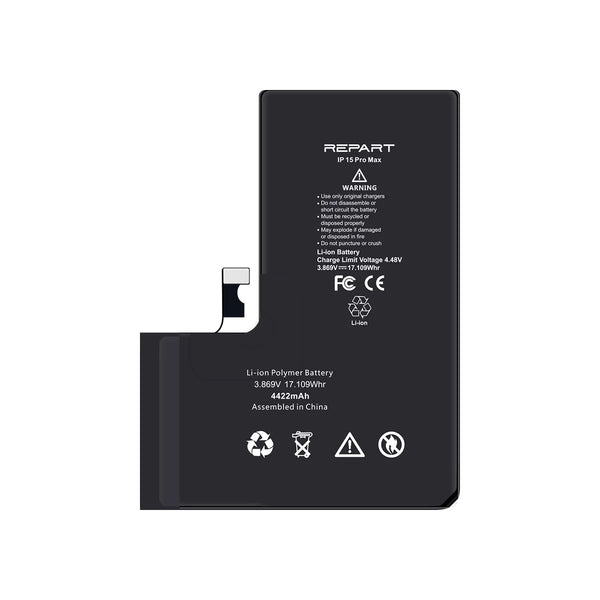 Black battery with 'REPART' branding and warning labels on a white background