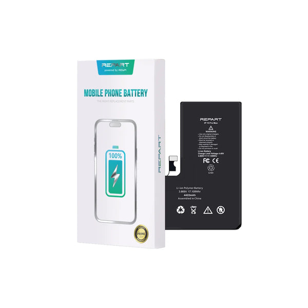 Phone battery and packaging with 'REPART' branding on a white background
