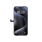 Sostituzione dello schermo OLED dell'iPhone 15 Pro con un design in bianco e nero su sfondo bianco.