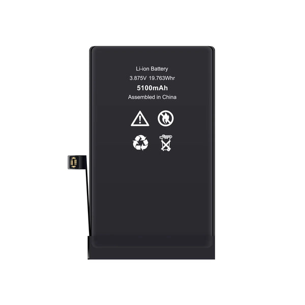 A black rectangular lithium-ion replacement battery with white printed specifications and recycling symbols on the front, featuring a small connector on the left side, shown against a plain white background.
