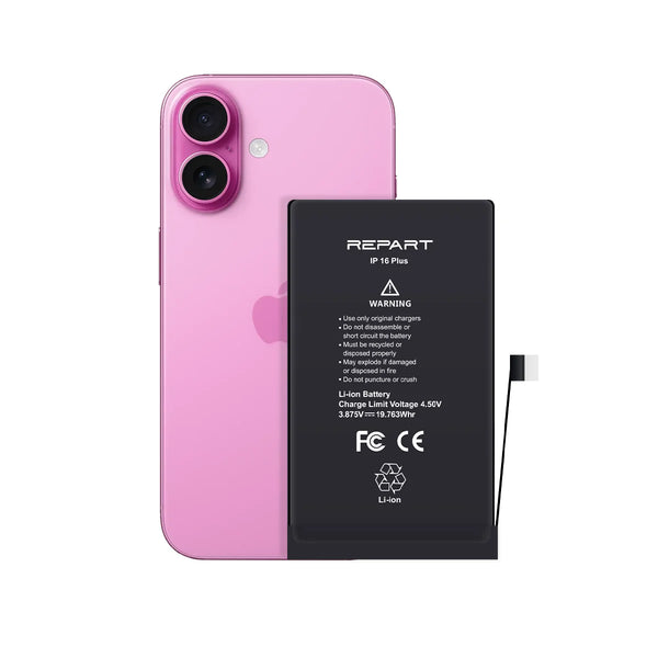 A pink iPhone shown from the back next to its black Repart IP16 Plus replacement battery with a flex cable, on a solid white background.