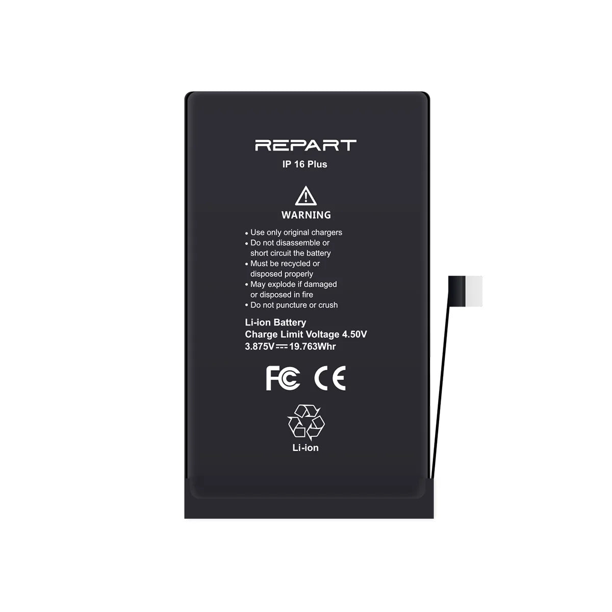 A black REPART iPhone 16 Plus Li-ion battery with a white flex cable attached, shown against a plain white background.