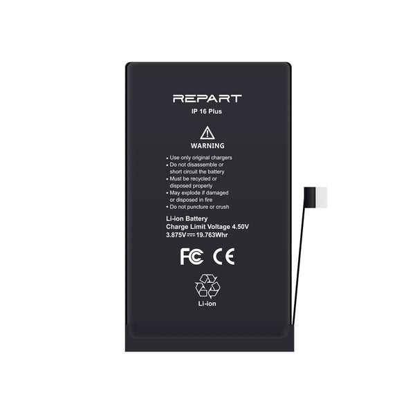 A black REPART iPhone 16 Plus Li-ion battery with a white flex cable attached, shown against a plain white background.