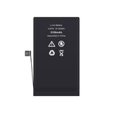 A black rectangular lithium-ion replacement battery with a small connector on the left side, featuring white printed specifications and recycling symbols on a plain white background.
