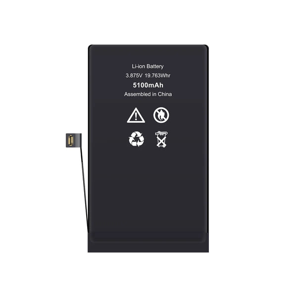 A black rectangular lithium-ion replacement battery with a small connector on the left side, featuring white printed specifications and recycling symbols on a plain white background.