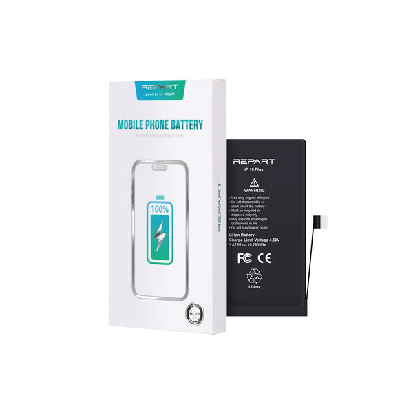 A mobile phone battery and its retail packaging box from the brand REPART, shown on a clean white background.