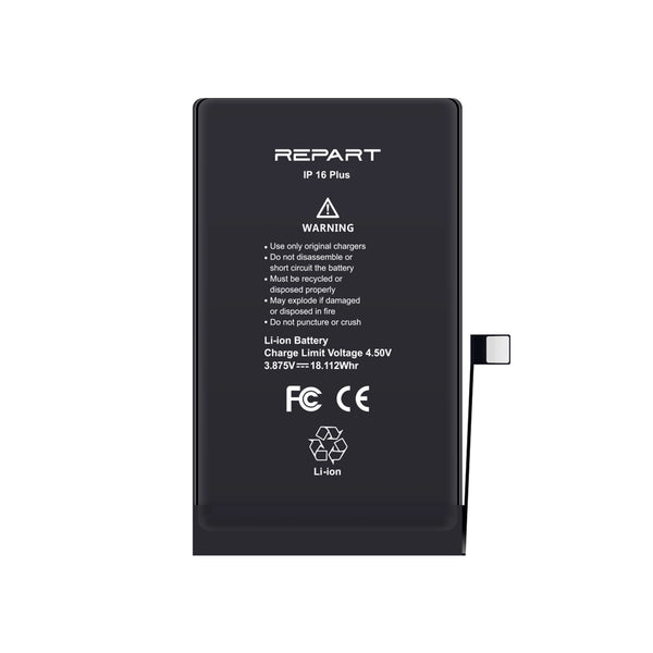 Black battery with 'REPART' branding and warning labels on a white background