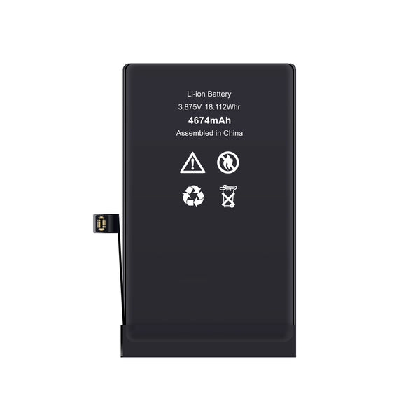Black lithium-ion battery with specifications on a white background