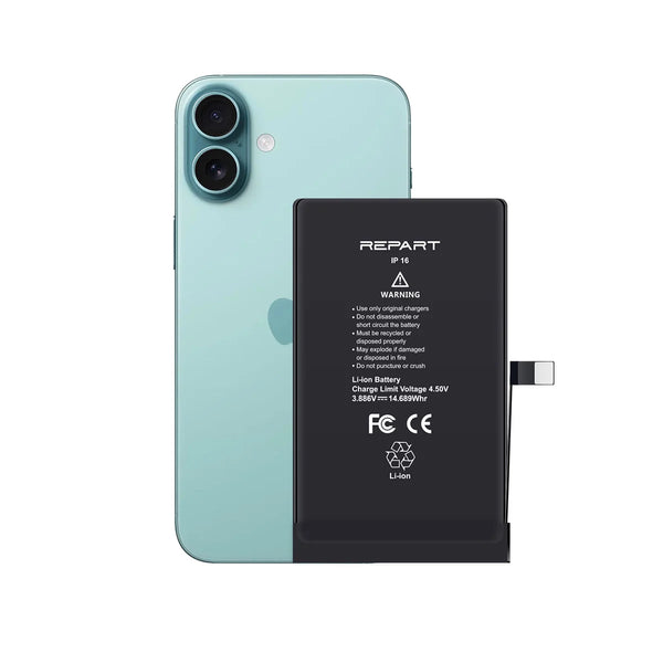 iPhone 16 with a detached battery labeled 'REPART' on a white background