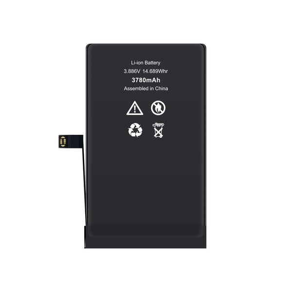 Black lithium-ion battery with specifications on a white background