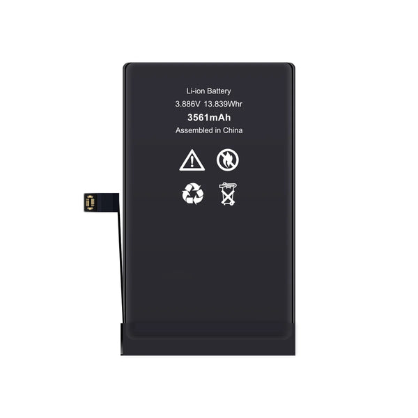 Black lithium-ion battery with specifications on a white background