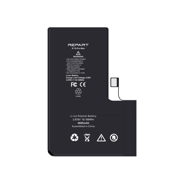 Black battery with 'REPART' branding and technical specifications on a white background