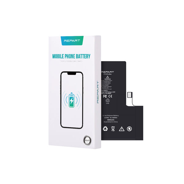 Phone battery and packaging with 'REPART' branding on a white background