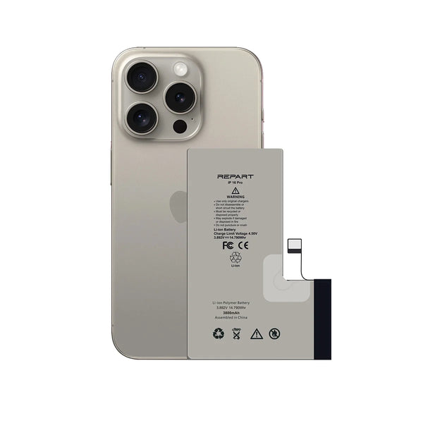 iPhone 16 Pro battery with 'REPART' branding on a white background