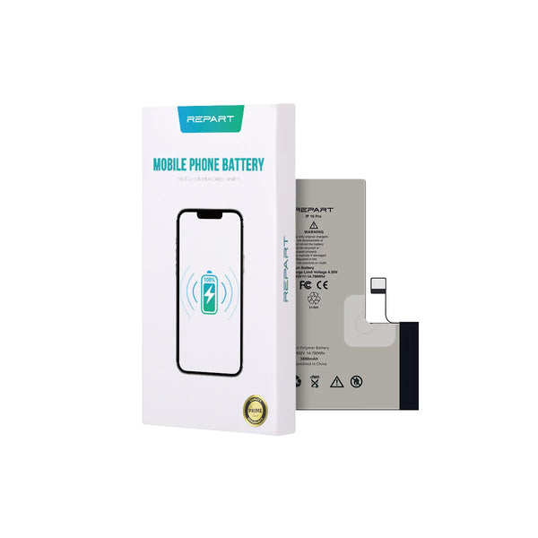 A replacement mobile phone battery by REPART, shown next to its white retail packaging box on a solid white background.