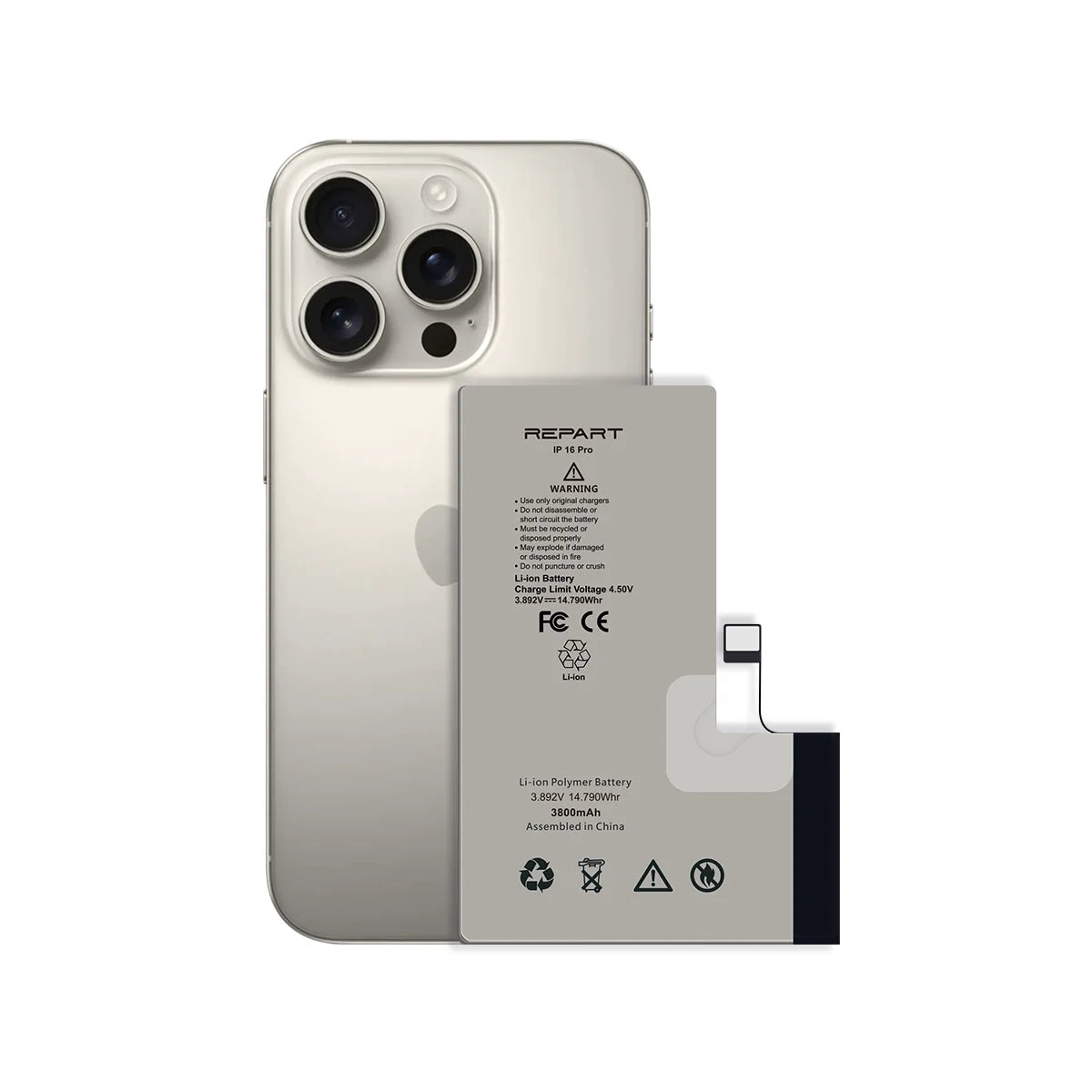 A replacement iPhone 16 Pro battery by REPART, shown in front of a silver iPhone 16 Pro to demonstrate fit and orientation. The battery is gray with black text and a black connector tab on the right side.