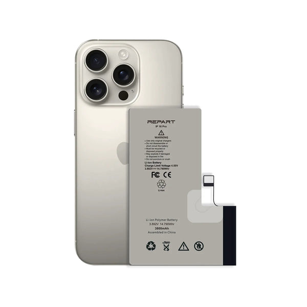 A replacement iPhone 16 Pro battery by REPART, shown in front of a silver iPhone 16 Pro to demonstrate fit and orientation. The battery is gray with black text and a black connector tab on the right side.